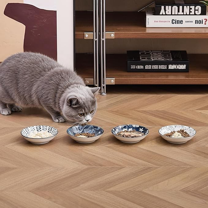Ceramic Cat Bowls Set of 4, Vintage Blue and White Pet Dog Bowl for Food & Water, 5.5 in Small Kitten Wide Shallow Dishes for Indoor Cats