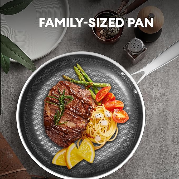 COOKER KING 12-Inch Stainless Steel Pan, Hybrid Nonstick Frying Pan, Skillet, 3-Ply Clad Cookware, Even Heat Distribution, Dishwasher & Oven Safe, with Stay-Cool Handle, Induction Compatible