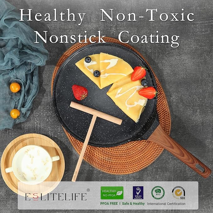 ESLITE LIFE 9.5 Inch Crepe Pan with Spreader, Nonstick Granite Coating Dosa Pan, Roti Tawa Comal Para Tortillas Pancake Griddle Pan, Induction Compatible, PTFE & PFOA Free, Black (Pack of 2)