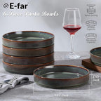 E-far Pasta Bowls Set of 6, 35oz Large Salad Bowl Plate for Dinner Serving, Wide & Shallow Ceramic Stoneware Pasta Plates, Microwave & Dishwasher Safe, Reactive Glaze Textured Stripes, Blackish Green
