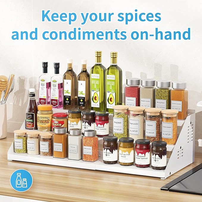 Spice Rack, Spice Organization for Cabinet - Expandable Width, 3 Tiered Spice Rack Organizer for Cabinet - Adjustable Height, Seasoning Organizer for Cabinet, Countertop, Pantry, White