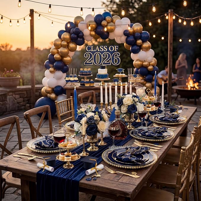 KIRE 210Pcs Navy Blue Plastic Plates - Blue and Gold Plates Disposable - 30guest Baroque Plastic Dinnerware for Upscale Wedding/Parties/Passover/Graduation