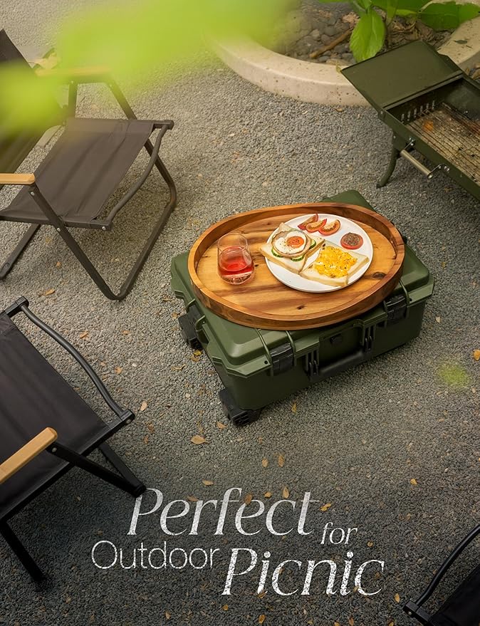 TIDITA Acacia Wood Ottoman Tray with Handles - 20" x 15" Round - Large Oval Serving Trays for Living Room -Wooden Trays for Decorative for Kitchen Counter, Coffee Table, Breakfast in Bed (Acacia)