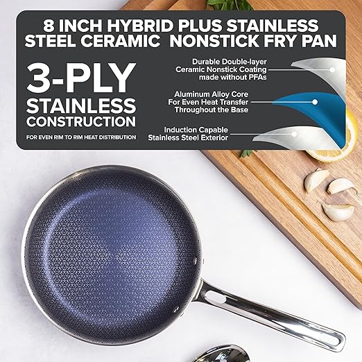 Viking Hybrid Plus 3-Ply Ceramic Nonstick Frying Pan, Made without PFAS, 8-Inch Induction Cookware, Metal Utensil Safe, Oven Safe to 500F