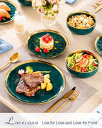 LOVECASA 12 Pieces Plates and Bowls Sets, Porcelain Green and Gold Dinnerware Sets, Round Dinner Plates Dishes Set Service for 4, Dishwasher Safe and Scratch Resistant, Green
