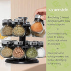 Kamenstein 16 Jar Ellington Revolving Countertop Spice Rack with Lift & Pour Caps and Spices Included, FREE Spice Refills for 5 Years: Black and Chrome