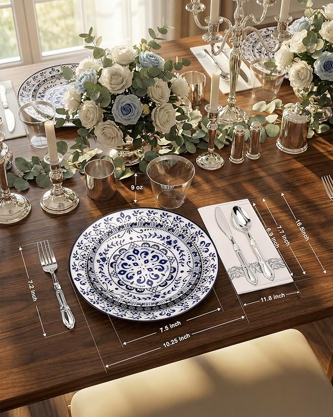 Hioasis 175PCS Blue Plastic Plates - Floral Disposable Dinnerware Set for 25 Guests, Include 50 Dinner & Dessert Plates, 75 Silver Cutlery, 25 Napkins, 25 Cups Perfect for Party (Traditional Style)