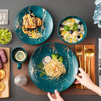 LOVECASA Porcelain Dinnerware Sets for 4, 16 PCS Plates and Bowls Set, Color Glaze with Gold Plate Dish Set, Dinner Sets with Dinner Plates, Dessert Plate, Bowls and Mugs, Dark Green