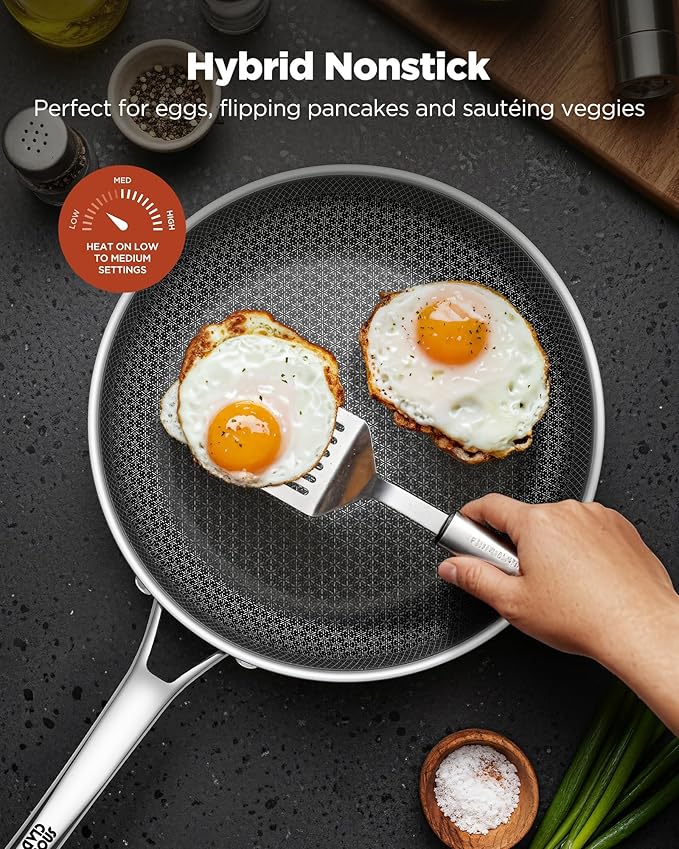 Non Stick Frying Pans with 2 Lids, 8+10+12 inch, Hybrid Frying Pans Set Nonstick,Skillets Stainless Steel Fajita, Dishwasher & Oven-Safe, Induction Compatible Cooking Pan, PFOA Free Cookware