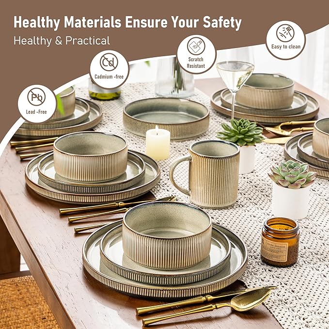 GBHOME 18-Piece Stoneware Dinnerware Set for 6 – Ribbed Ceramic Plates and Bowls, Scratch-Resistant, Microwave & Dishwasher Safe, Reactive Glaze, Celadon Mist