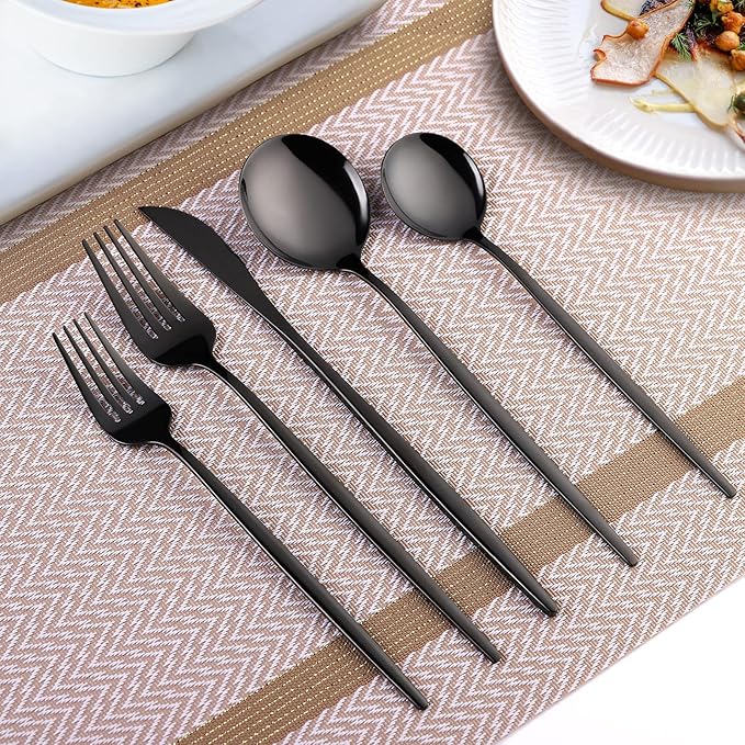 30-Pieces Utensil Set Flatware Set, Black Silverware Set for 6,Tableware Fine Dining Include Knives Forks and Spoons,Circular Fine Handle Cutlery Decorate Wedding Mirror Polished,Dishwasher