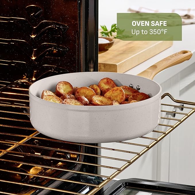 T-fal Revive Ceramic Nonstick Sauce Pan with Lid, 3 Qt Small Cooking Pot, Oven Safe Up To 350°F Saucepan Cookware, Kitchen Pots and Pans, Beige Granite