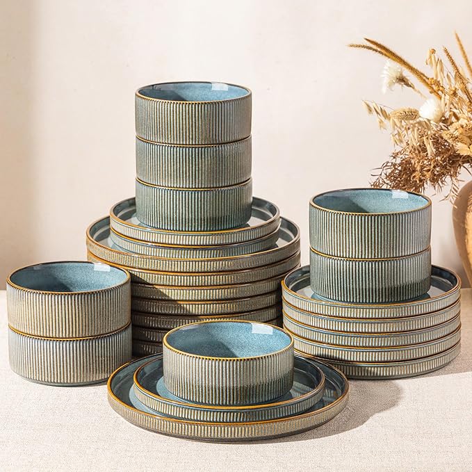 GBHOME 24-Piece Stoneware Dinnerware Set for 8 – Ribbed Ceramic Plates and Bowls, Scratch-Resistant, Microwave & Dishwasher Safe, Reactive Glaze, Reactive Glaze Teal