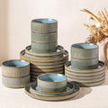 GBHOME 24-Piece Stoneware Dinnerware Set for 8 – Ribbed Ceramic Plates and Bowls, Scratch-Resistant, Microwave & Dishwasher Safe, Reactive Glaze, Reactive Glaze Teal