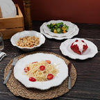 Cream 12pcs Beaded 100% Melamine Dinnerware Set, Elegant Scalloped Edge Durable & Shatterproof Outdoor Dining Set,Unbreakable Plates & Bowls Set for Indoor/Outdoor Use, Dishwasher Safe