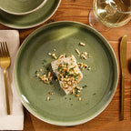 Gibson Elite Manila Bay 12-Piece Stoneware Dinnerware Set, Service for 4, Reactive Glaze Modern Artisan Plates, Bowls & Mugs, Green, Round Design