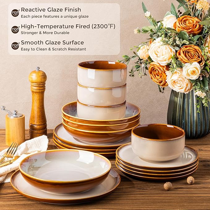 LERATIO Ceramic Dinnerware Sets with Pasta Bowls for 4,Plates and Bowls Sets,Oven &Microwave & Dishwasher Safe,Light Weight & Scratch Resistant Dishes Sets-Service for 4 (16pcs)-Kahki