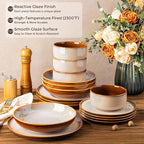 LERATIO Ceramic Dinnerware Sets with Pasta Bowls for 4,Plates and Bowls Sets,Oven &Microwave & Dishwasher Safe,Light Weight & Scratch Resistant Dishes Sets-Service for 4 (16pcs)-Kahki