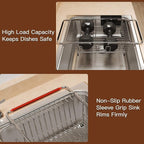 Over the Sink Expandable Dish Drainer Drying Rack In Stainless Steel for Small Kitchen, Counter Space Saving Modern Compact Metal Above Plate Dryer Strainer, Adjustable Hanging Inside Drain Holder