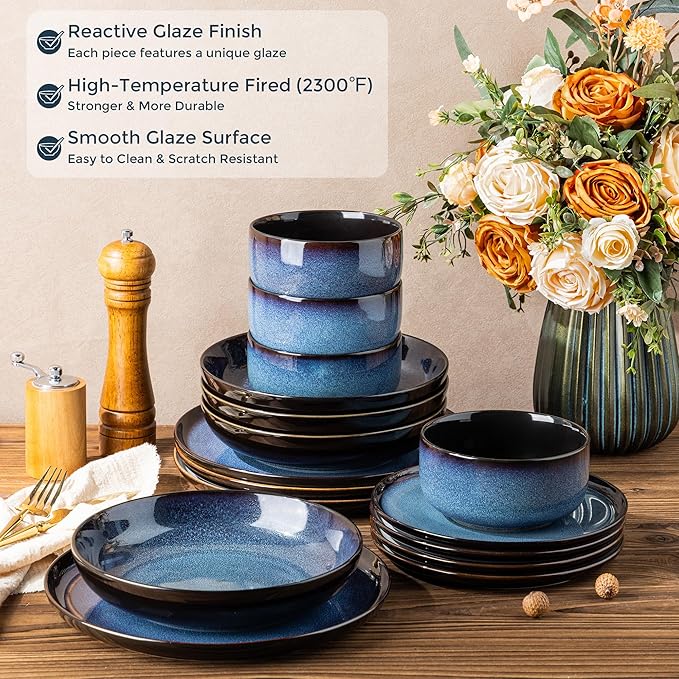 LERATIO Ceramic Dinnerware Sets with Pasta Bowls for 4,Reactive Glaze Plates and Bowls Sets,Oven &Microwave & Dishwasher Safe,Light Weight & Scratch Resistant Dishes Sets-Service for 4 (16pcs)-BLUE