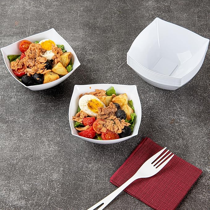 Restaurantware Moderna 8 Ounce Fancy Plastic Bowls 10 Square Disposable Salad Bowls - Durable Heavy-duty White Plastic Bowls For Warm And Cold Foods (Pack of 3)