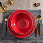 12 Piece Farmhouse Melamine Dinnerware Sets, Service For 4 Rustic Crackled Plates and Bowls Sets, Melamine Dishes Set for Christmas,Wedding, Set of 4 Camping Dishes, Red