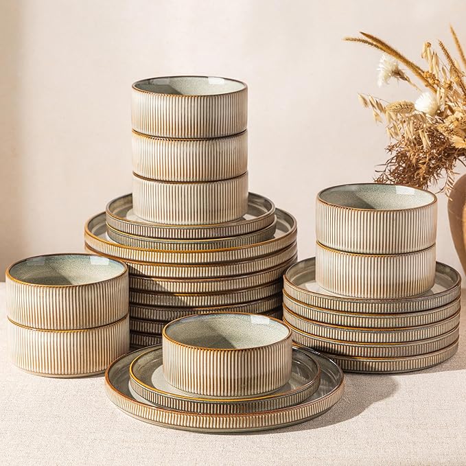 GBHOME 24-Piece Stoneware Dinnerware Set for 8 – Ribbed Ceramic Plates and Bowls, Scratch-Resistant, Microwave & Dishwasher Safe, Reactive Glaze, Celadon Mist