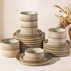 GBHOME 24-Piece Stoneware Dinnerware Set for 8 – Ribbed Ceramic Plates and Bowls, Scratch-Resistant, Microwave & Dishwasher Safe, Reactive Glaze, Celadon Mist