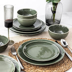 AmorArc Ceramic Dinnerware Sets for 6, 18 Pieces Handpainted Plates and Bowls Set, Scratch Resistant Stoneware Dishes Set, Dishwasher & Microwave Safe, Jade Green