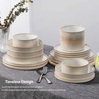 LIANYU Stoneware Dinnerware Sets with Pasta Bowls, 16 Piece Plates and Bowls Dishes Set for 4, Ribbed Dining Ware Dishware for Home, Microwave and Dishwasher Safe, Dawn Beige