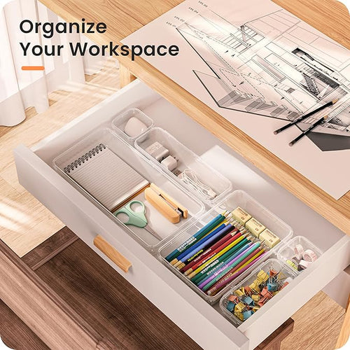 A-LuGei 【46PCS & 5Sizes】 Clear Drawer Organizer,【Hold 277 Items】 Makeup Organizer, Bathroom Organizers and Storage, Organization and Storage, Organizer Bins for Office Vanity Kitchen Tool Trays