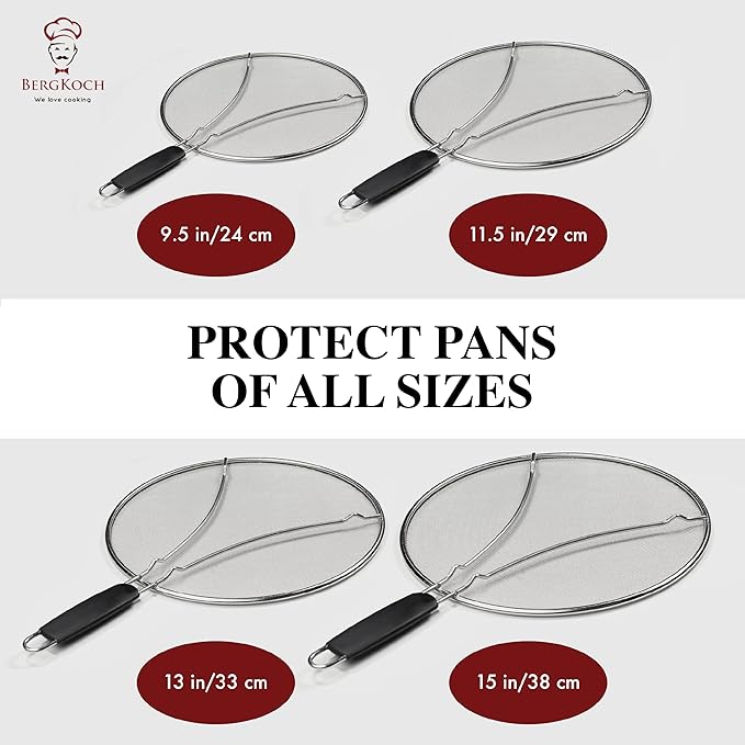 BergKoch Splatter Screen for Frying Pan - 11.5 Inch Stainless Steel Grease Splatter Guard - Cover Oil Splash when Sizzling Bacon, Cooking Fried Chicken or Popcorn