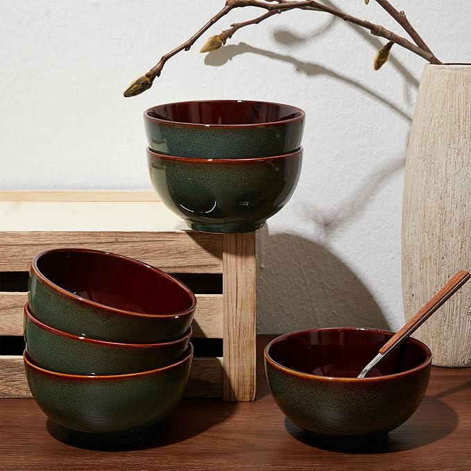 Pokini 5.5" Cereal Bowls & Dessert Bowls Set of 6-22 Oz Small Bowls for Kitchen-Ceramic Bowl for Cereal, Soup, Oatmeal, Salad, Ramen, Noodle, Rice, Yogurt-Dishwasher & Microwave Safe, Brown Green