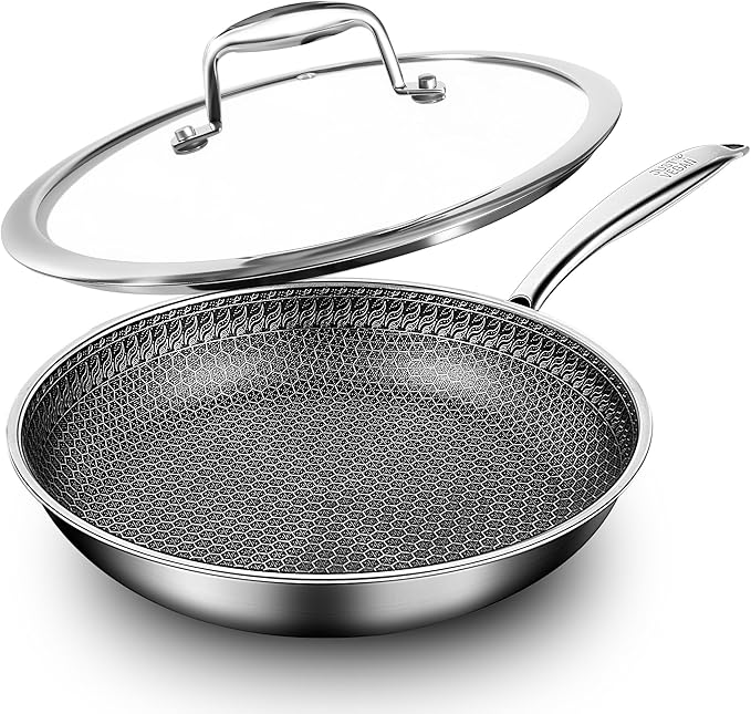 10-inch/11-inch Stainless Steel Skillet with Lid, Nonstick Frying Pan - Induction Ready, Oven & Dishwasher Safe, PFOA/PTFE Free for Gas/Electric/Ceramic Cooktops (10 inch+Lid)