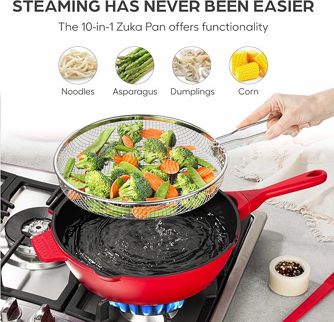 ZUKA 10 in 1 Ceramic Pan by Granitestone, Large 10 Inch Saute Pan with Lid Serves as Deep Frying Set with Steamer, Everyday Skillet, Non Toxic Ceramic Nonstick, Induction Oven & Dishwasher Safe