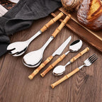 Bamboo Handle Silverware Set, 24-Piece Flatware Set for 6, Stainless Steel Cutlery Eating Utensils Include Forks Spoons and Knives for Daily Use and Party, Reusable and Modern Design