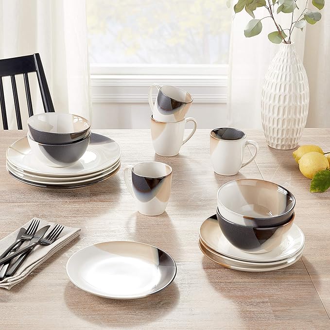 Gourmet Basics by Mikasa Caden 16-Piece Stoneware Dinnerware Set — Service for 4, Reactive Glaze, Black/Tan & White Finish, Microwave & Dishwasher Safe, Everyday & Formal Use