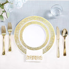 FOCUSLINE 350 Ct Gold Dinnerware Set for 50 Guests, Gold Lace Plastic Plates Disposable Heavy Duty, Including 50 Dinner & Dessert Plates, Cups, Napkins, Cutlery Set