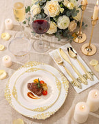 Morejoy 350 PCS Lvory Plastic Plates - Lvory Gold Plastic Dinnerware Set Include 50Dinner Plates, 50Dessert Plates 150Cutlery, 50Cups, 50Napkin Perfect for Party & Wedding