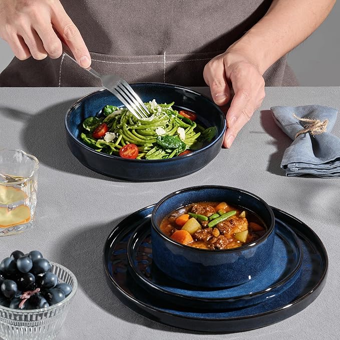 E-far 16-Piece Plates and Bowls Sets with Pasta Bowls - Stoneware Dinnerware Set for 4, Modern Ribbed Dishes, Microwave & Dishwasher Safe, Starry Blue