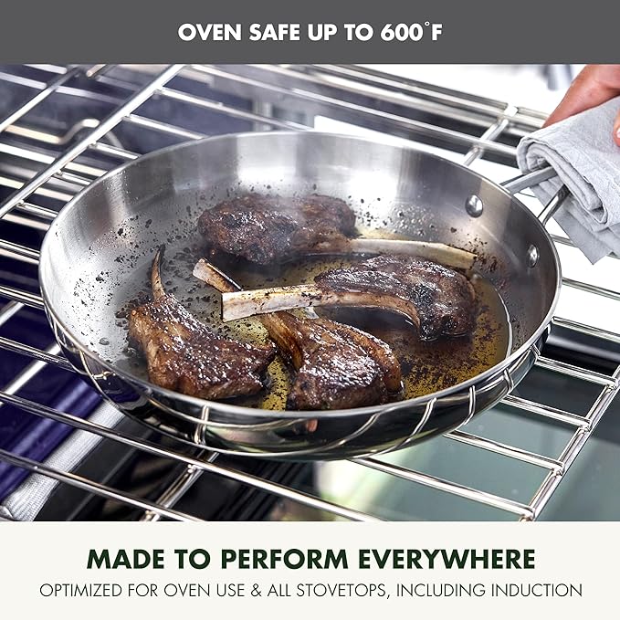 GreenPan Valencia Pro Tri-Ply Stainless Steel 12" Frying Pan Skillet, Induction Ready Cookware, All Cooktops, Sauce Pot, Mirror Finish, Dishwasher & Oven/Broiler Safe to 600F