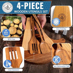 Wooden Kitchen Utensil Set of 4, Natural Wood Spoons and Spatulas, Non Toxic Eco Friendly Durable Wooden Turner and Spatula Set for Cooking. Perfect kitchen cooking utensils.