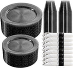 DaYammi 350 Pieces Black Glitter Dinnerware Set 50 Guest for Party- 50 Dinner Plates, 50 Dessert Plates -50 Per Rolled Napkins with Black Cutlery - 50 Disposable Cups 9 OZ