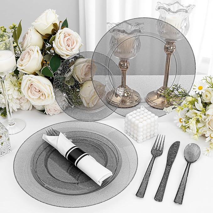 DaYammi 210PCS Black Glitter Plastic Dinnerware Set for 30 Guests, Fancy Disposable Plates for Party, Include: 30 Dinner Plates, 30 Dessert Plates, 30 Pre Rolled Napkins and 30 Cups