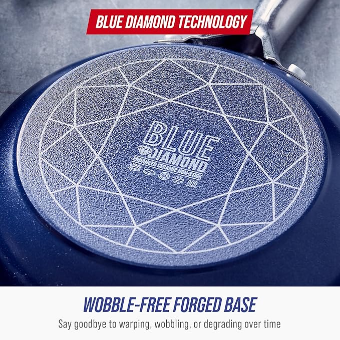 Blue Diamond Nonstick 2QT Saucepan with Lid, Non Toxic PFAS-Free Diamond Ceramic, Dishwasher & Oven Safe, Metal Utensil Safe Pot, Stay Cool Handle, Chef Pan, Glass Lid, Blue