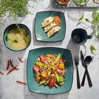 Gibson Elite Soho Lounge 16-Piece Reactive Glaze Dinnerware Set – Teal and Black Tutone Stoneware Plates and Bowls