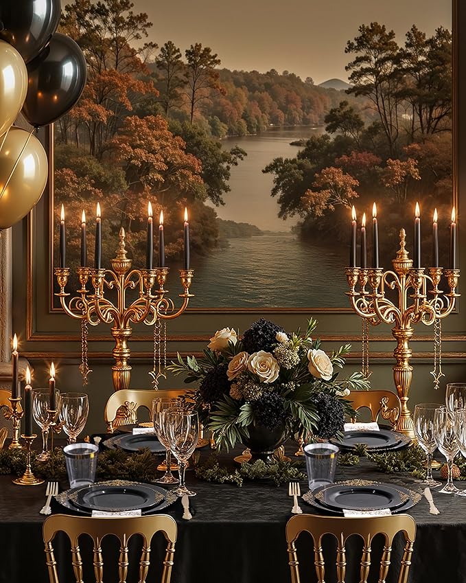 Nervure 350PCS Black Plastic Plates - Black Plastic Dinnerware Sets for 50 Guests - 100 Disposable Plates, 150 Gold Silverware, 50 Cups, 50 Napkins for Wedding & Party & Graduation & Retirement