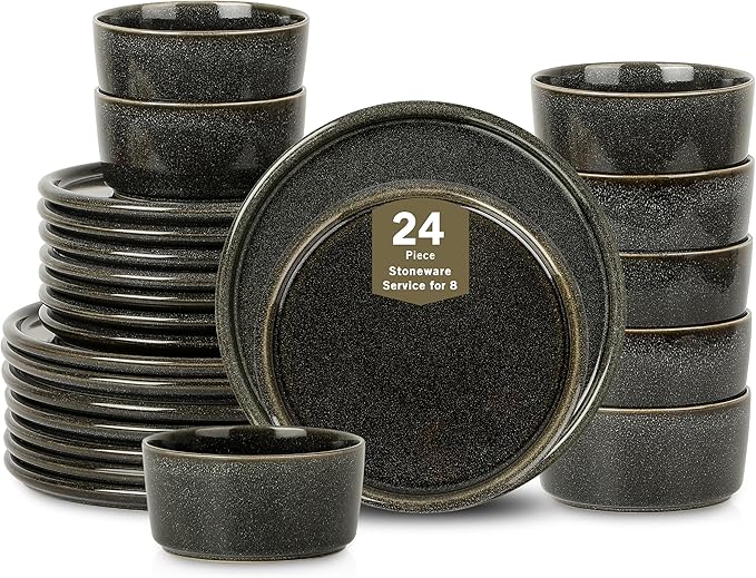 Stone Lain Eden 24-Piece Dinnerware Set Stoneware, Plates and Bowls Set, Dishwasher and Microwave Safe Dish, Dish Set for 8, Charcoal Grey
