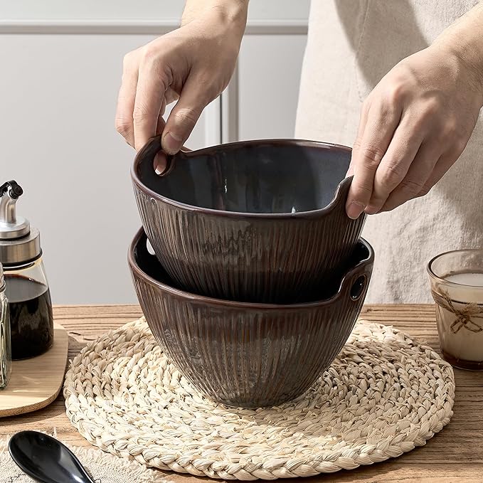 Ramen Bowl with Chopsticks and Spoons Set, 7 Inch Ceramic Noodle Bowl Set of 2, Dishwasher Safe for Pho Udon Soba Noodle Salad Pasta, Special Reactive Glazed Bowls Set, Purple-Gray