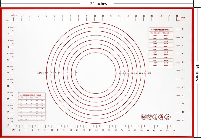 Yansumi silicone pastry non stick baking mat with measurement fondant mat with three sizes for silicone baking mat, counter mat, dough rolling mat,fondant/pie crust mat (Red, 24"L x 16"W)